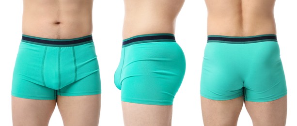 Image of Man in turquoise underwear on white background, closeup. View from different sides, collage