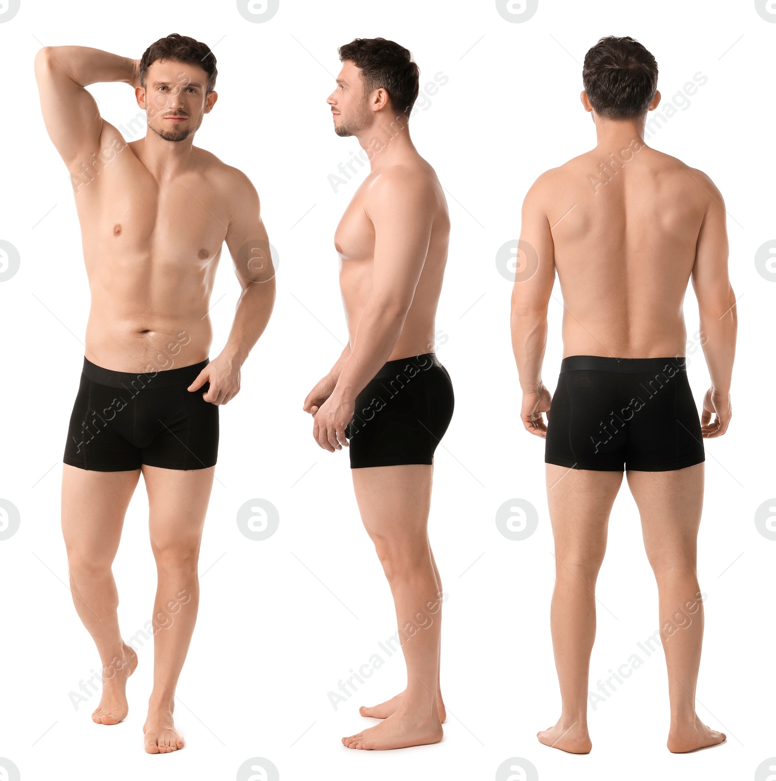 Handsome man in black underwear on white background, collage. View from different sides Image of Handsome man in black underwear on white background, collage. View from different sides
