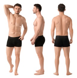 Image of Handsome man in black underwear on white background, collage. View from different sides