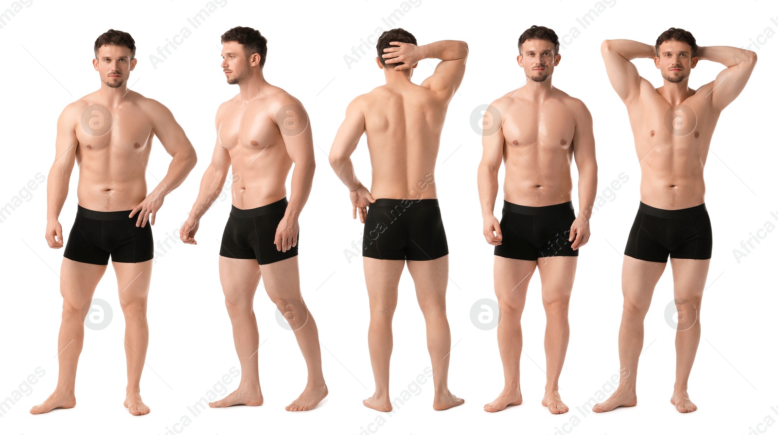 Handsome man in black underwear on white background, collage. View from different sides Image of Handsome man in black underwear on white background, collage. View from different sides