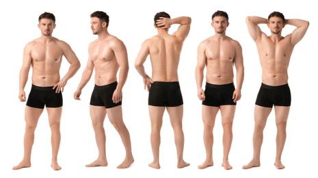 Image of Handsome man in black underwear on white background, collage. View from different sides