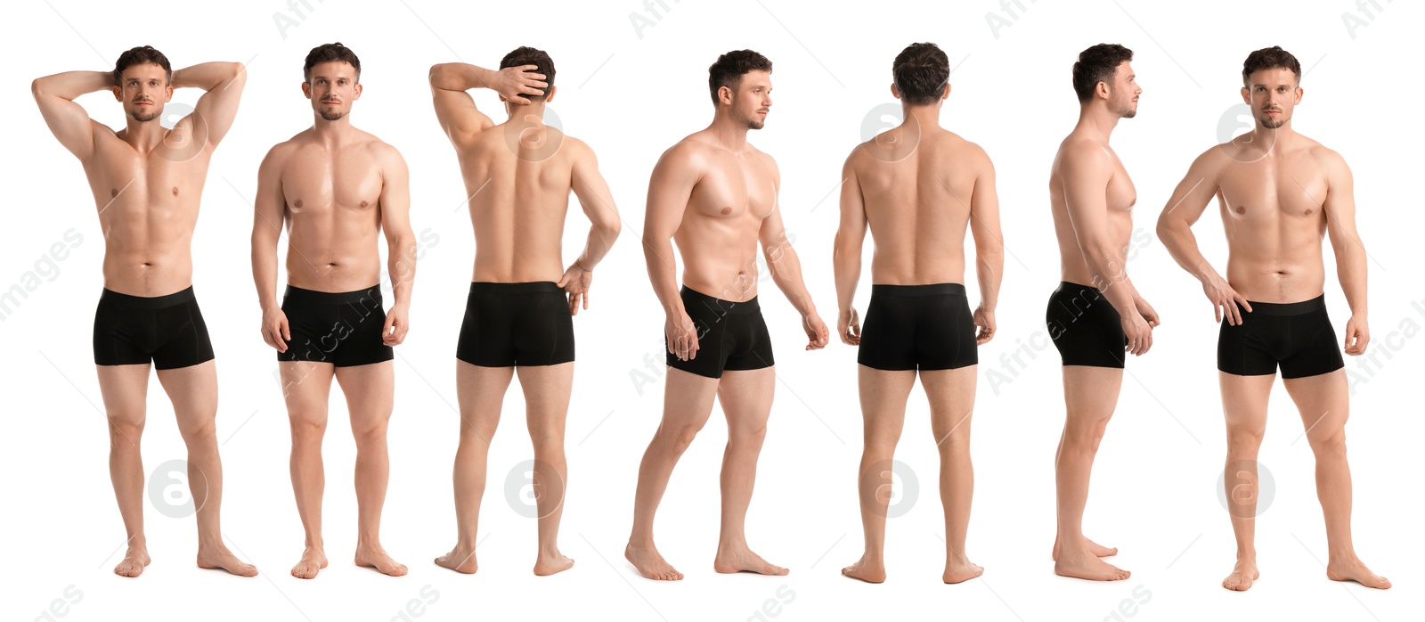 Handsome man in black underwear on white background, collage. View from different sides Image of Handsome man in black underwear on white background, collage. View from different sides