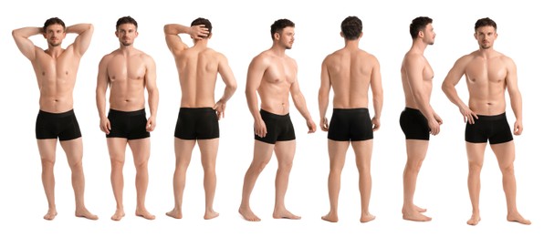 Image of Handsome man in black underwear on white background, collage. View from different sides