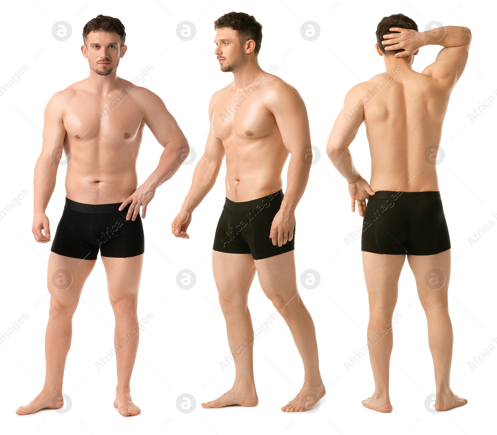 Handsome man in black underwear on white background, collage. View from different sides Image of Handsome man in black underwear on white background, collage. View from different sides