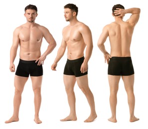 Image of Handsome man in black underwear on white background, collage. View from different sides