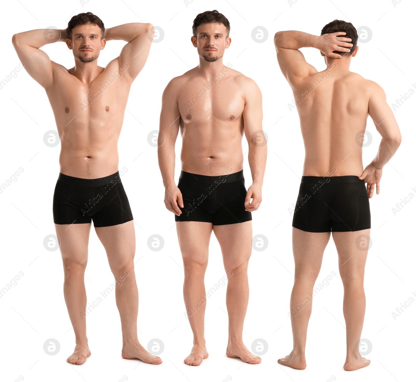 Handsome man in black underwear on white background, collage. View from different sides Image of Handsome man in black underwear on white background, collage. View from different sides