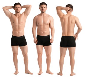 Image of Handsome man in black underwear on white background, collage. View from different sides