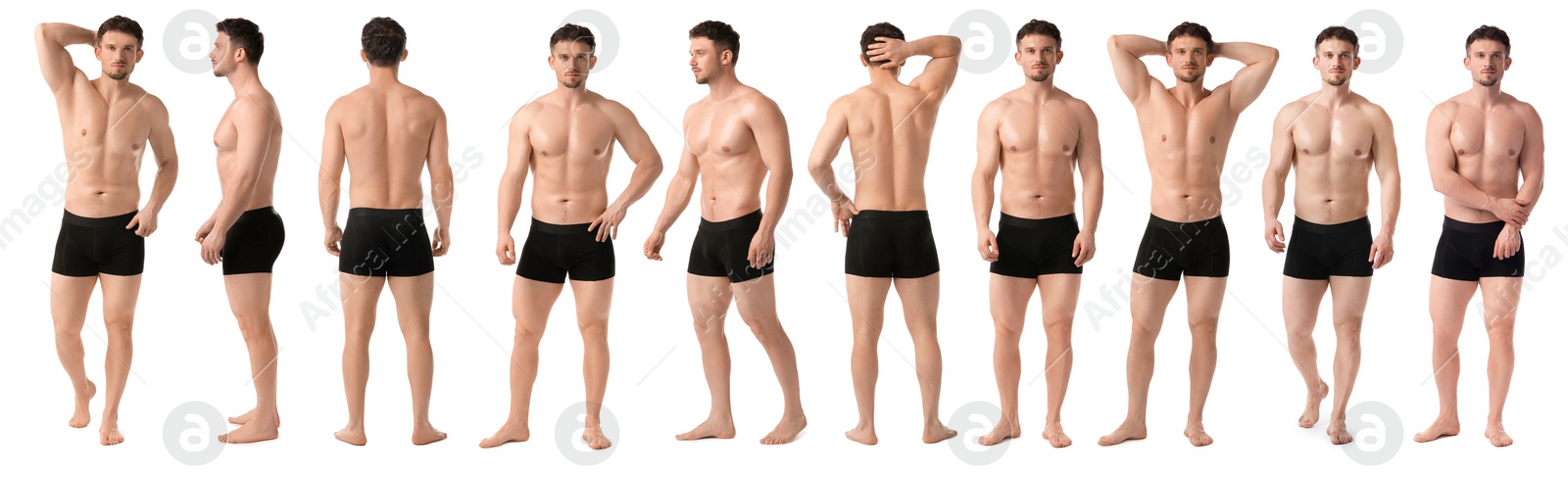Handsome man in black underwear on white background, collage. View from different sides Image of Handsome man in black underwear on white background, collage. View from different sides
