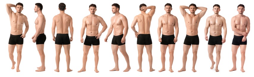 Image of Handsome man in black underwear on white background, collage. View from different sides