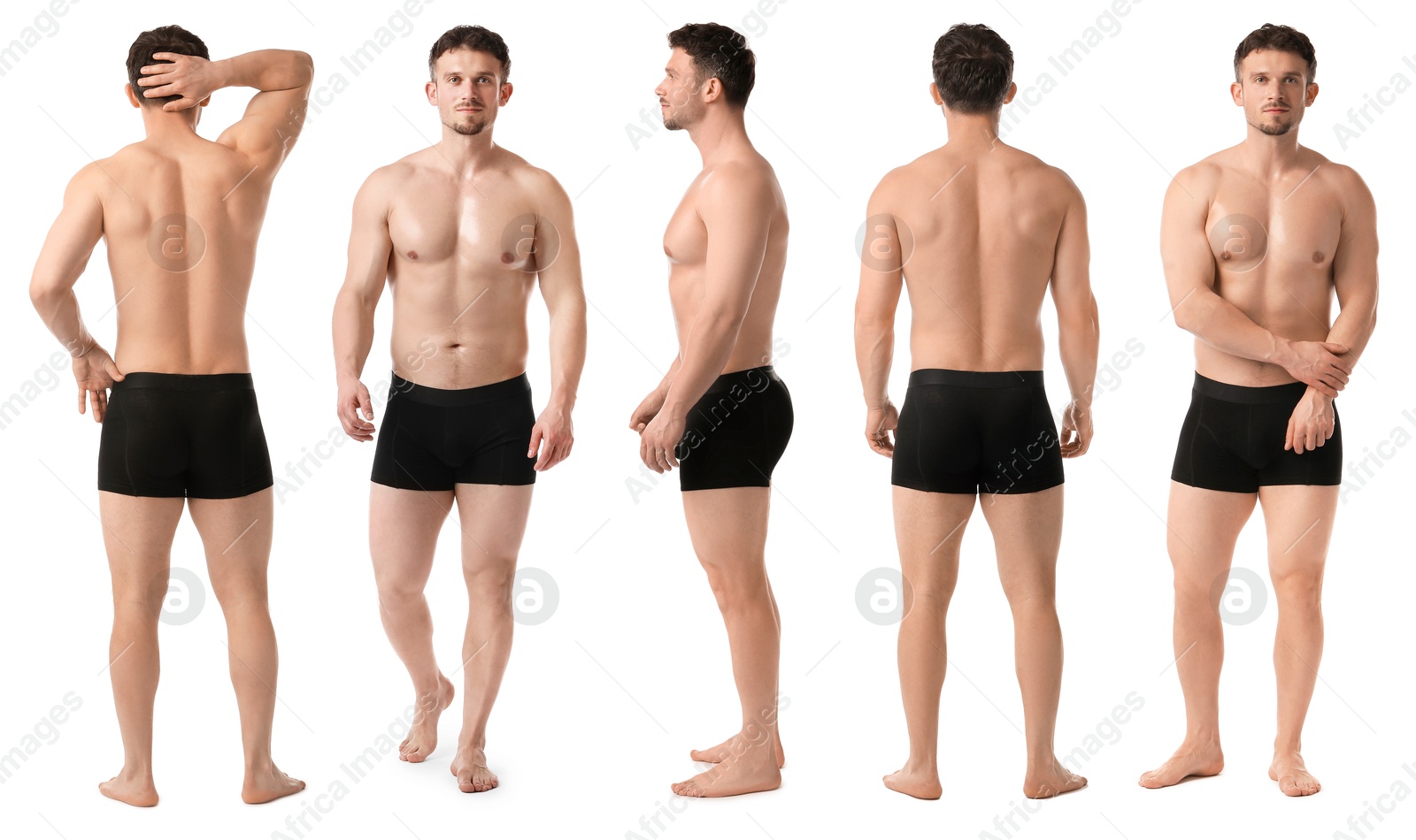 Handsome man in black underwear on white background, collage. View from different sides Image of Handsome man in black underwear on white background, collage. View from different sides