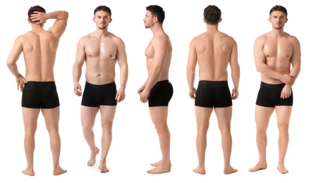 Image of Handsome man in black underwear on white background, collage. View from different sides