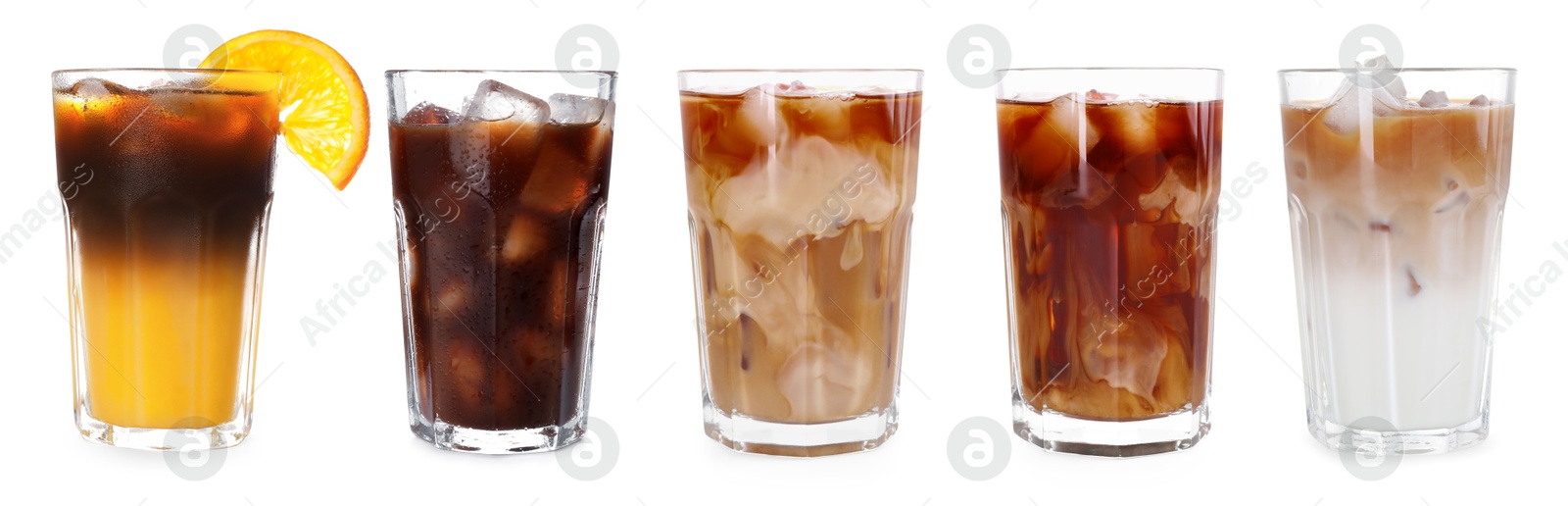 Different cold coffee drinks isolated on white, set Image of Different cold coffee drinks isolated on white, set