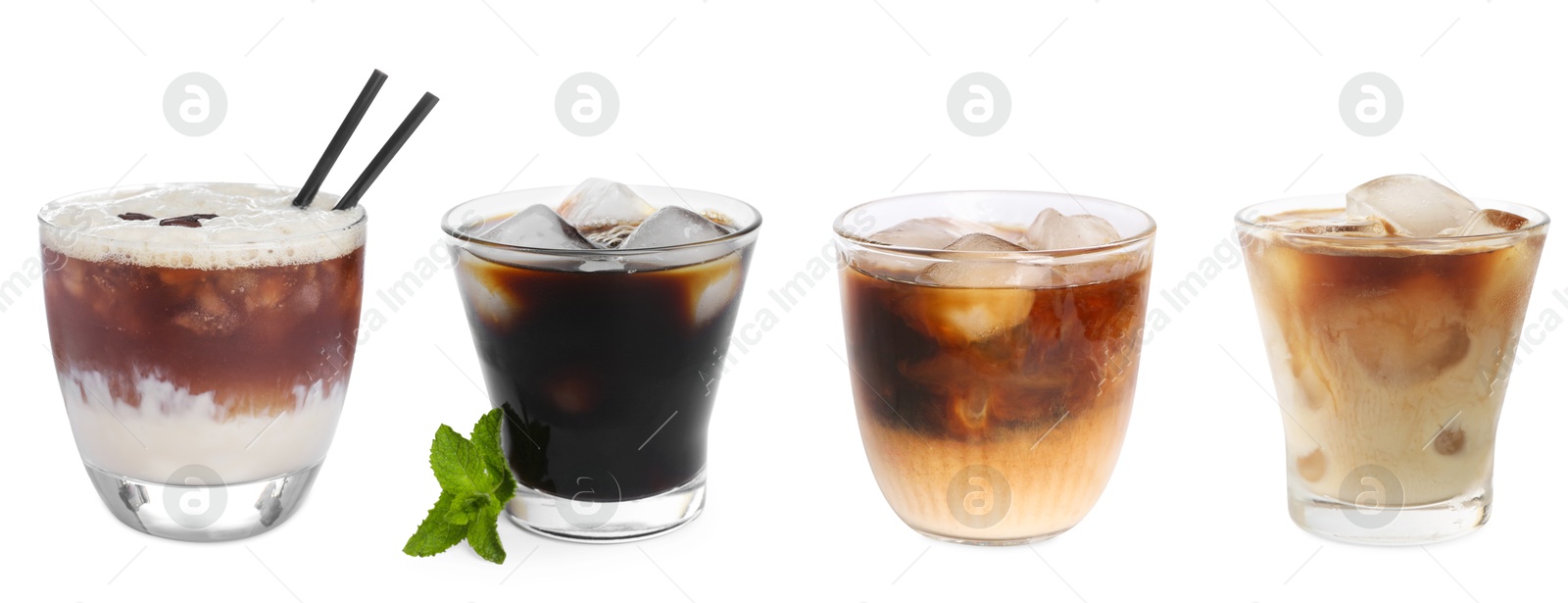 Image of Different cold coffee drinks isolated on white, set