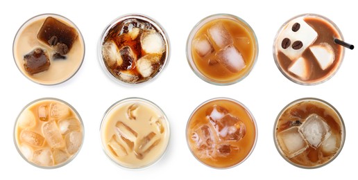 Image of Different cold coffee drinks isolated on white, set. Top view