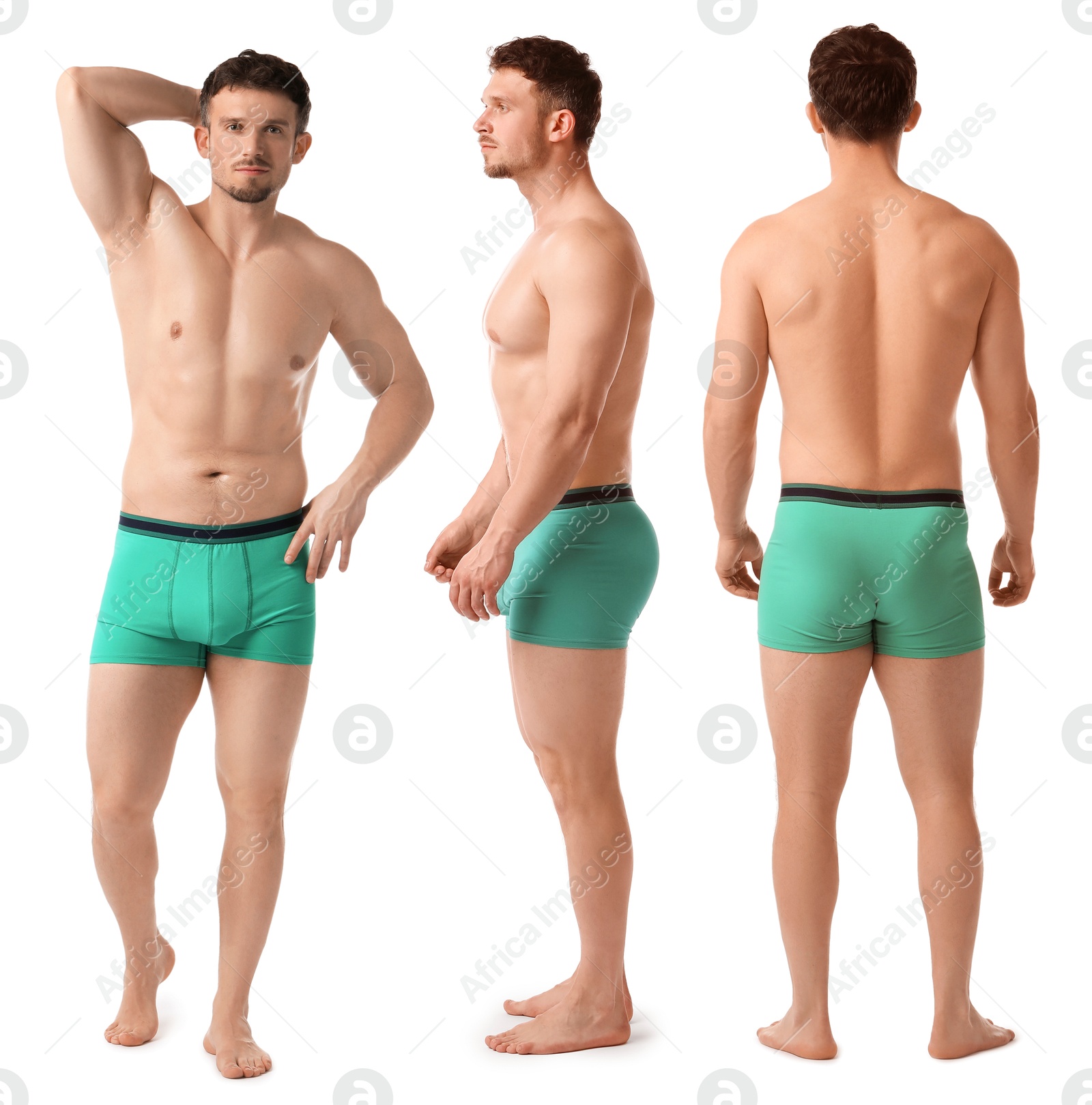 Handsome man in turquoise underwear on white background, collage. View from different sides Image of Handsome man in turquoise underwear on white background, collage. View from different sides