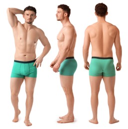 Image of Handsome man in turquoise underwear on white background, collage. View from different sides
