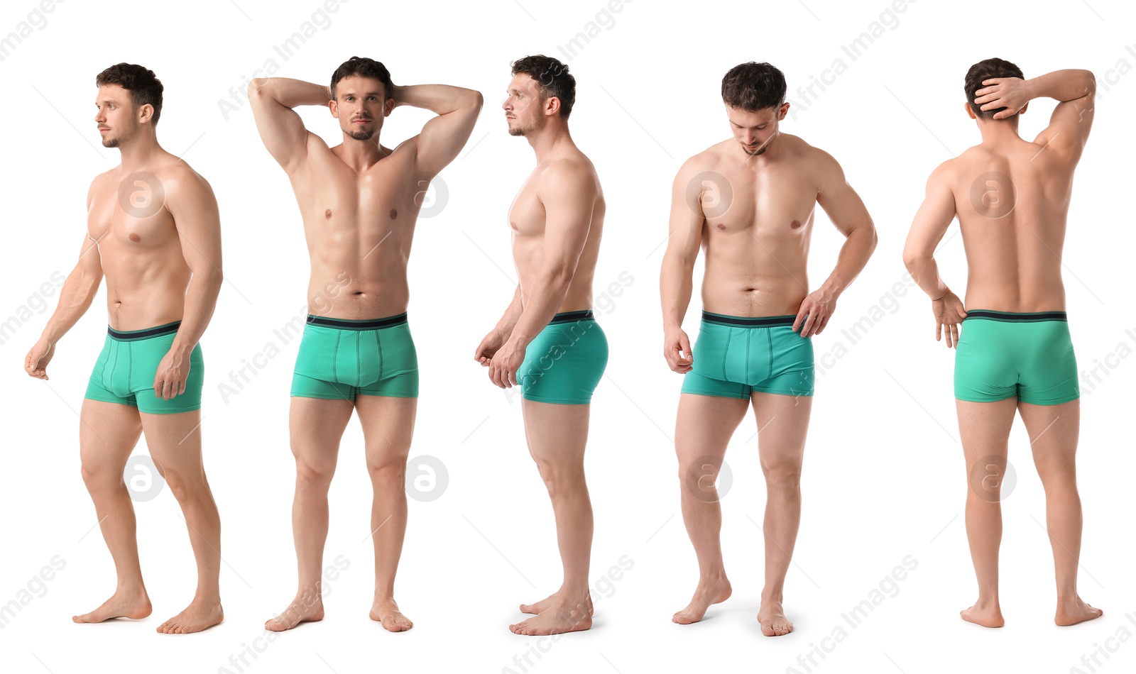 Handsome man in turquoise underwear on white background, collage. View from different sides Image of Handsome man in turquoise underwear on white background, collage. View from different sides