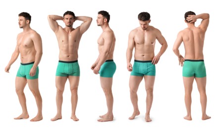 Image of Handsome man in turquoise underwear on white background, collage. View from different sides