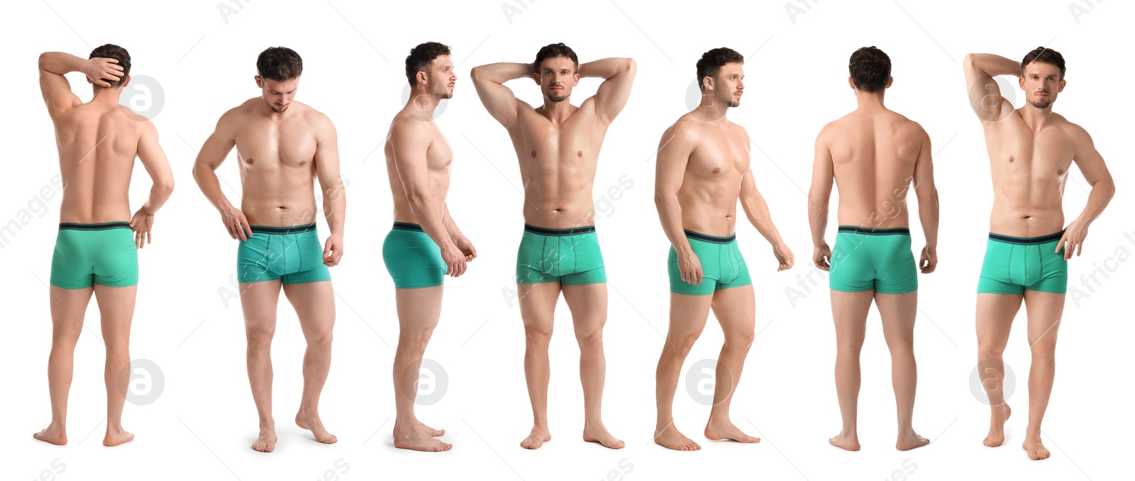 Handsome man in turquoise underwear on white background, collage. View from different sides Image of Handsome man in turquoise underwear on white background, collage. View from different sides