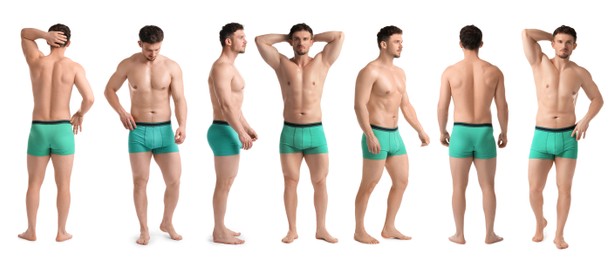 Image of Handsome man in turquoise underwear on white background, collage. View from different sides