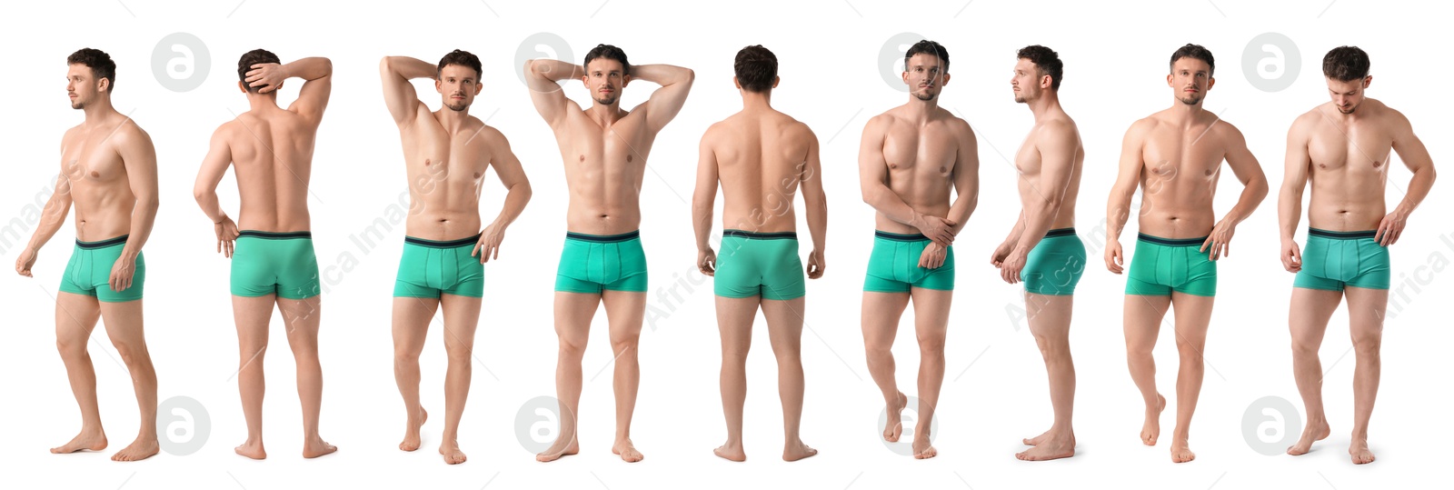 Handsome man in turquoise underwear on white background, collage. View from different sides Image of Handsome man in turquoise underwear on white background, collage. View from different sides