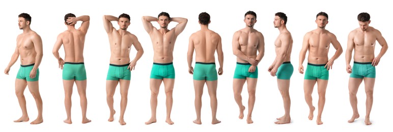 Image of Handsome man in turquoise underwear on white background, collage. View from different sides
