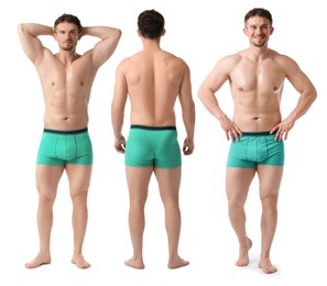 Image of Handsome man in turquoise underwear on white background, collage. View from different sides