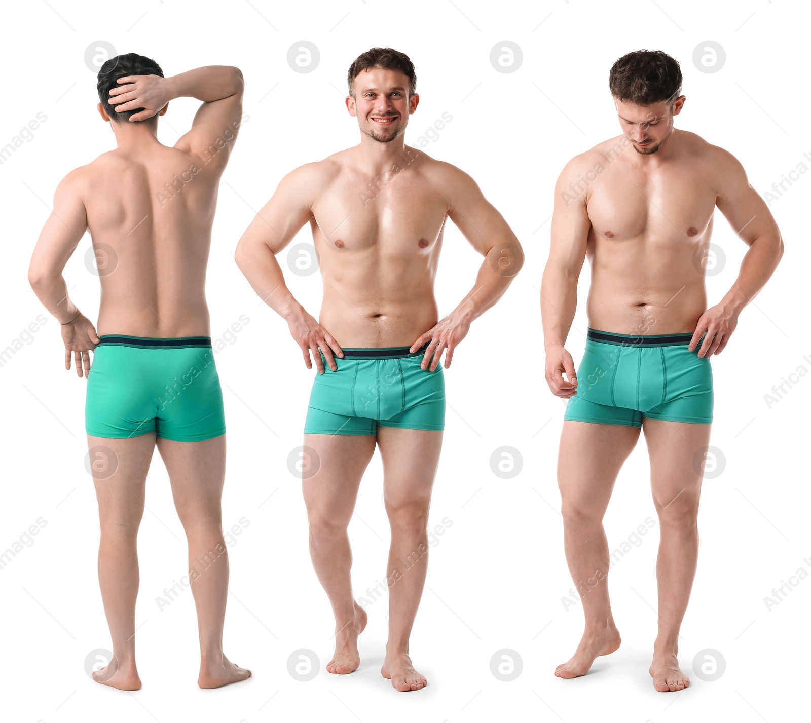 Handsome man in turquoise underwear on white background, collage. View from different sides Image of Handsome man in turquoise underwear on white background, collage. View from different sides