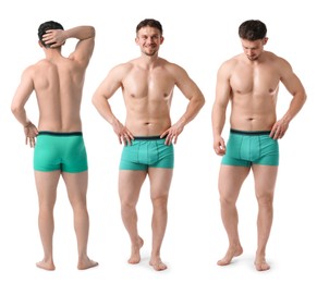Image of Handsome man in turquoise underwear on white background, collage. View from different sides