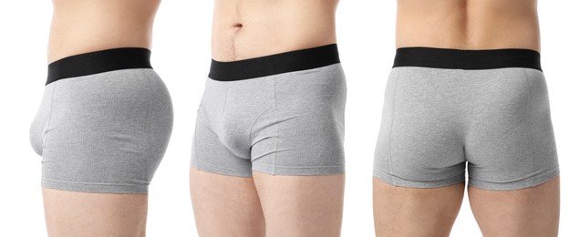 Image of Man in grey underwear on white background, closeup. View from different sides, collage