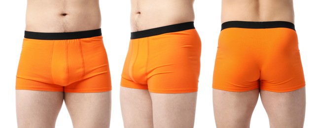 Image of Man in orange underwear on white background, closeup. View from different sides, collage