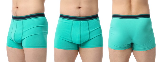 Image of Man in turquoise underwear on white background, closeup. View from different sides, collage