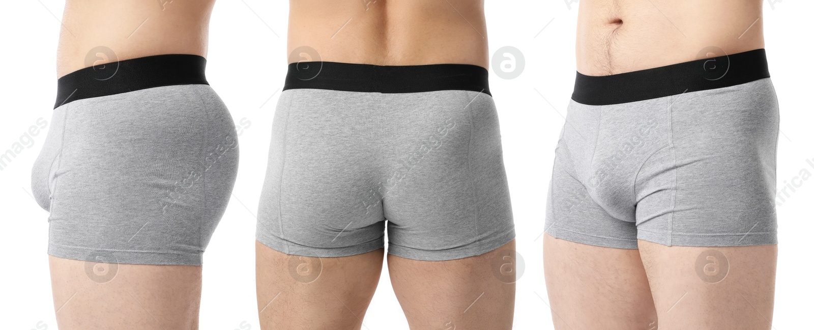 Man in grey underwear on white background, closeup. View from different sides, collage Image of Man in grey underwear on white background, closeup. View from different sides, collage