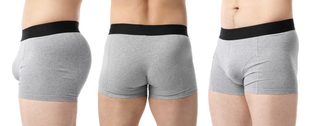 Image of Man in grey underwear on white background, closeup. View from different sides, collage