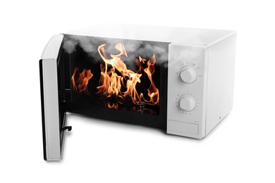 Image of Microwave oven burning inside on white background