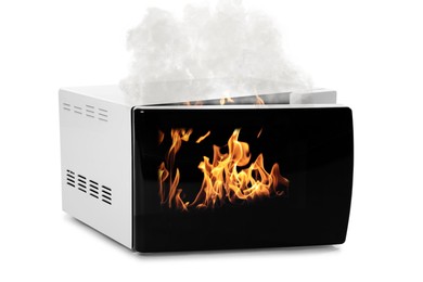 Image of Microwave oven burning inside on white background