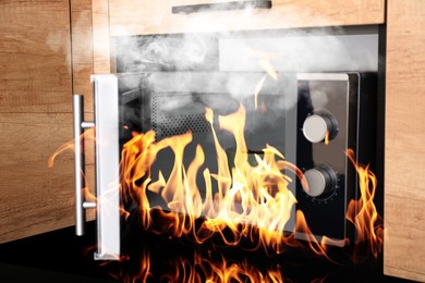 Image of Fire and smoke in microwave oven in kitchen