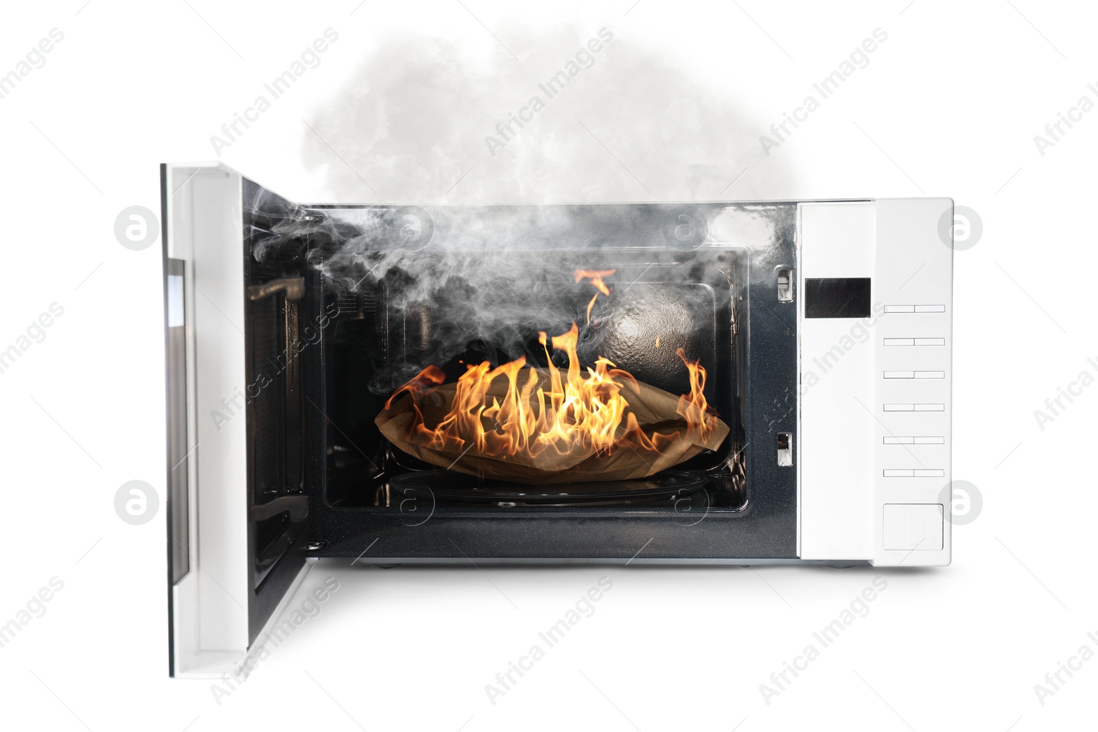 Image of Microwave oven burning inside on white background