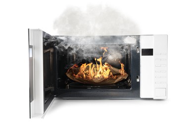 Image of Microwave oven burning inside on white background