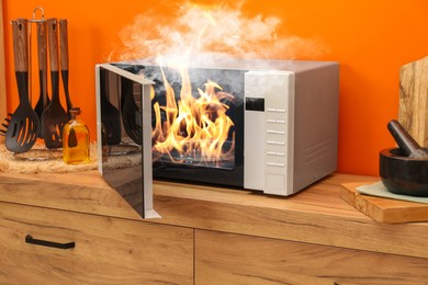 Image of Microwave oven burning inside on countertop in kitchen