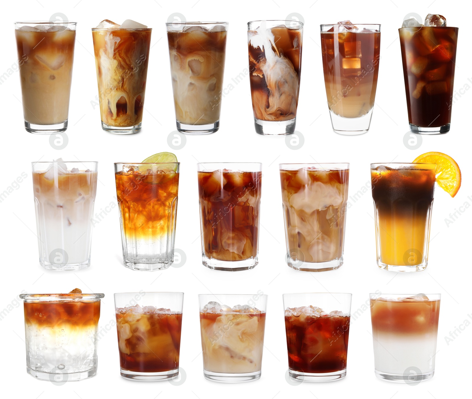 Different cold coffee drinks isolated on white, set Image of Different cold coffee drinks isolated on white, set