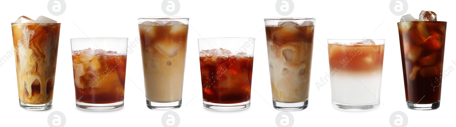 Different cold coffee drinks isolated on white, set Image of Different cold coffee drinks isolated on white, set