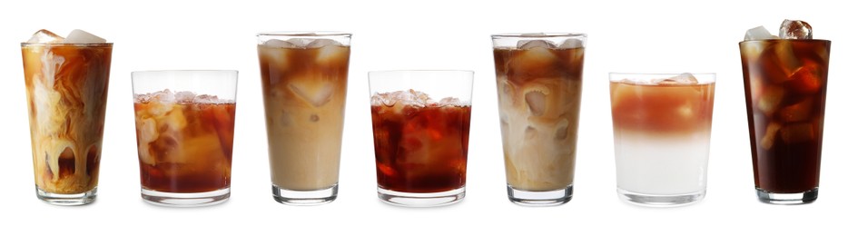 Image of Different cold coffee drinks isolated on white, set