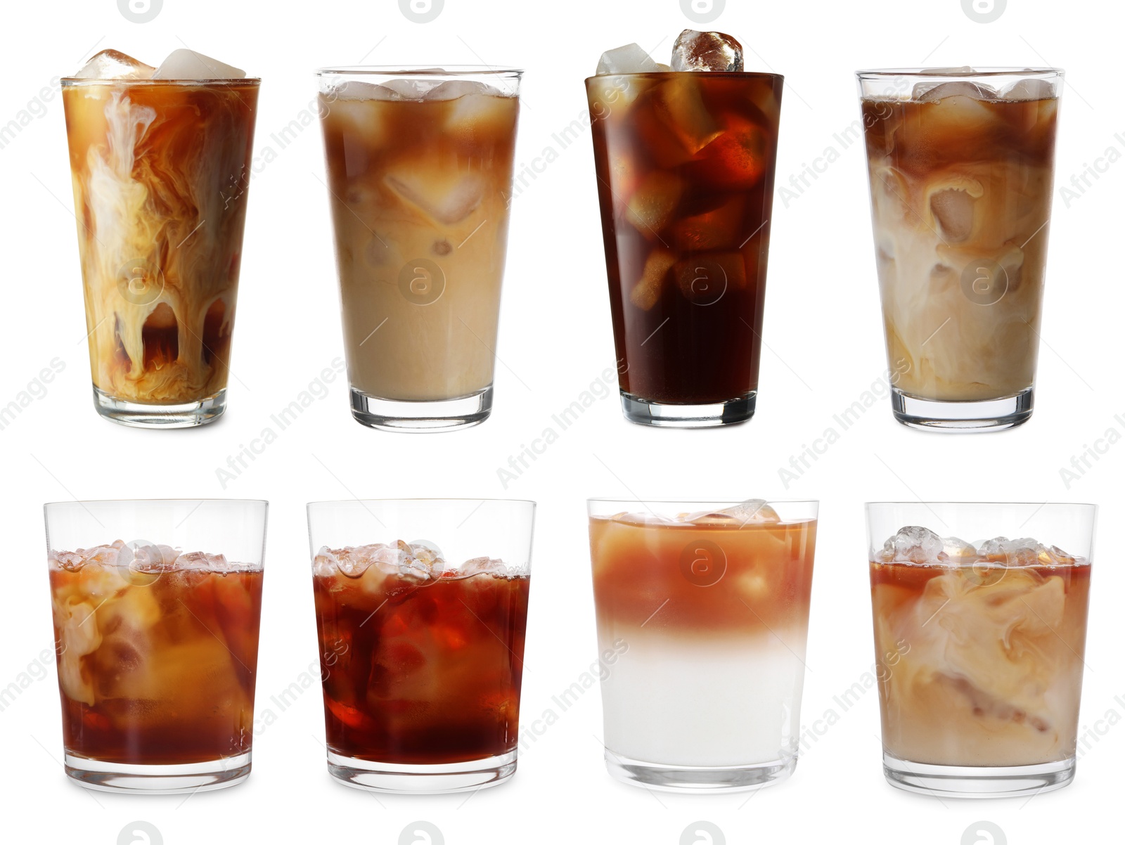 Different cold coffee drinks isolated on white, set Image of Different cold coffee drinks isolated on white, set