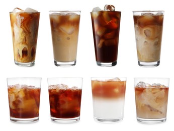 Image of Different cold coffee drinks isolated on white, set