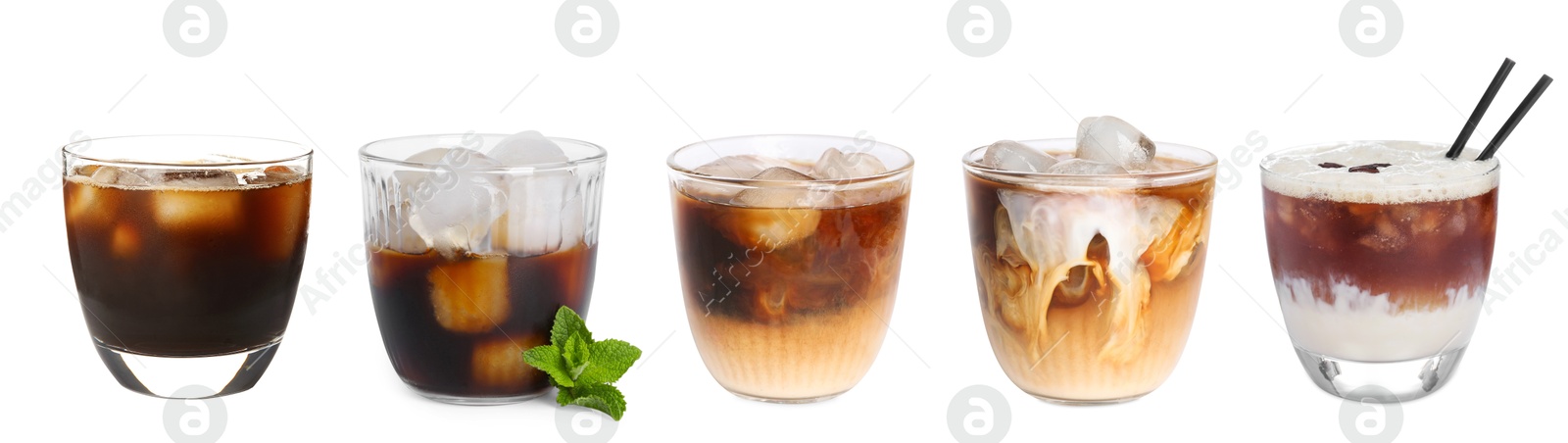 Different cold coffee drinks isolated on white, set Image of Different cold coffee drinks isolated on white, set