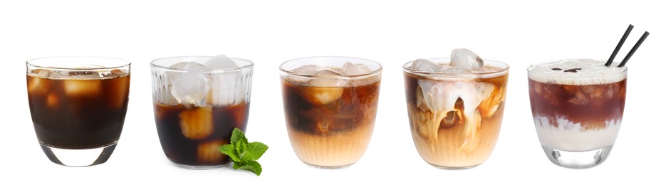 Image of Different cold coffee drinks isolated on white, set