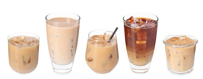 Image of Different cold coffee drinks isolated on white, set