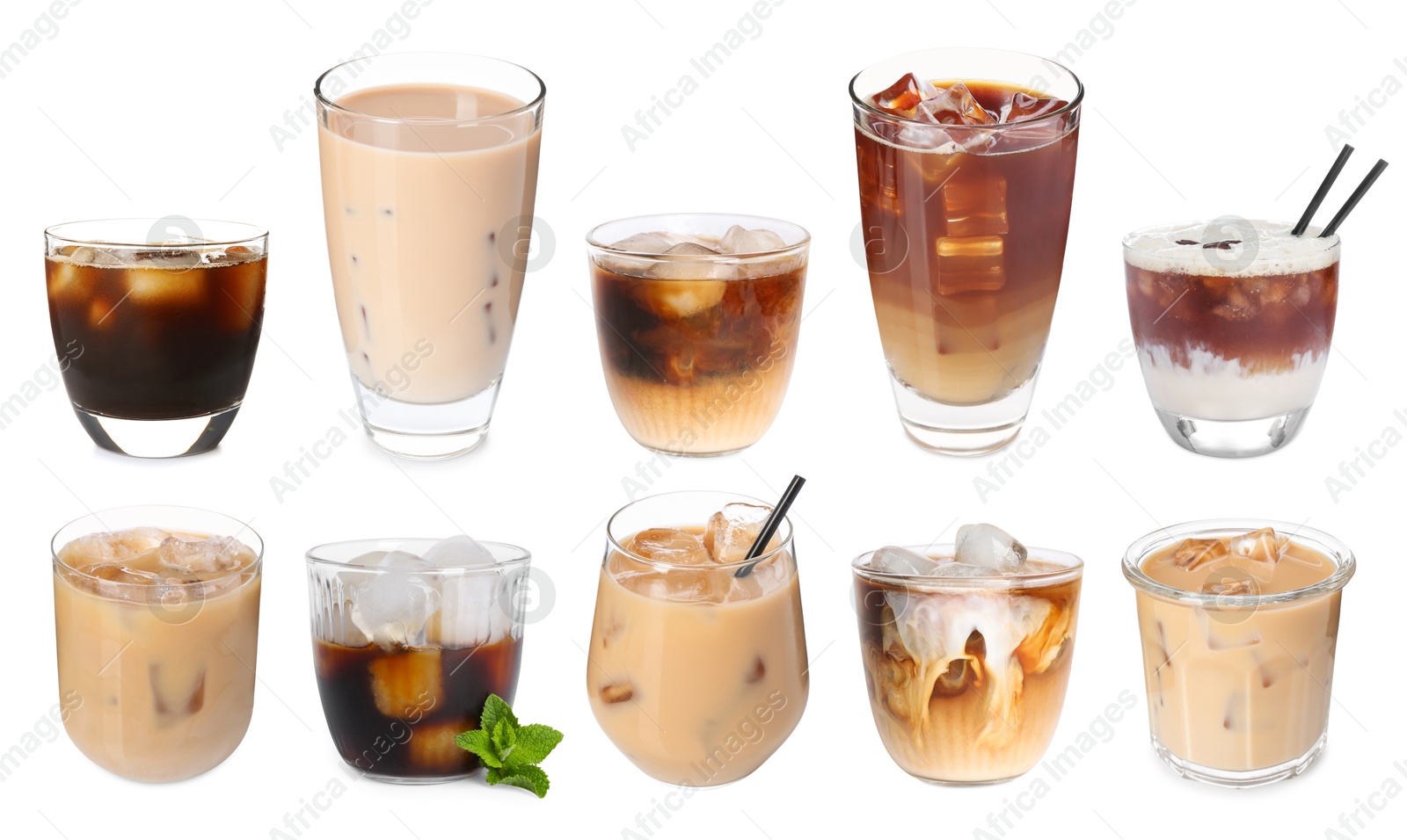 Image of Different cold coffee drinks isolated on white, set
