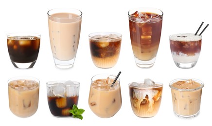Image of Different cold coffee drinks isolated on white, set